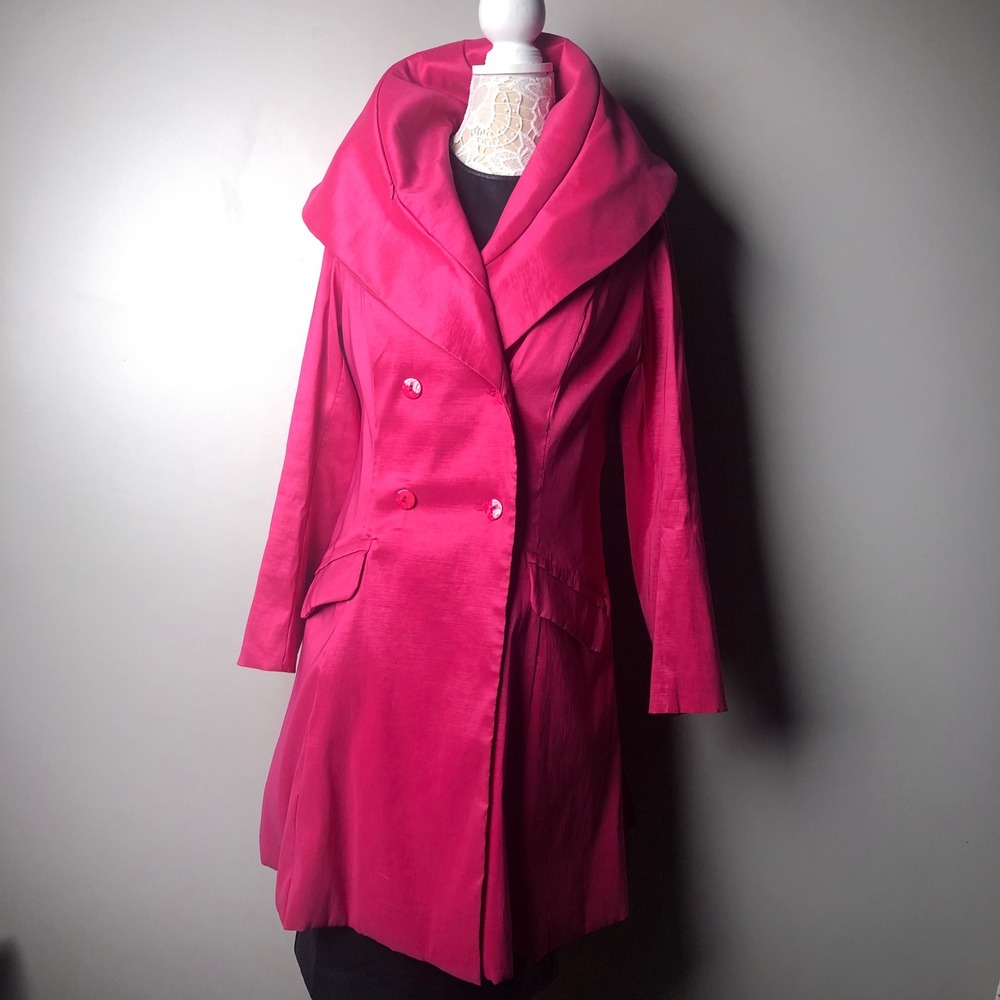 Trench Coat Women Small Hot Pink Portrait Collar Hidden Hood Belted